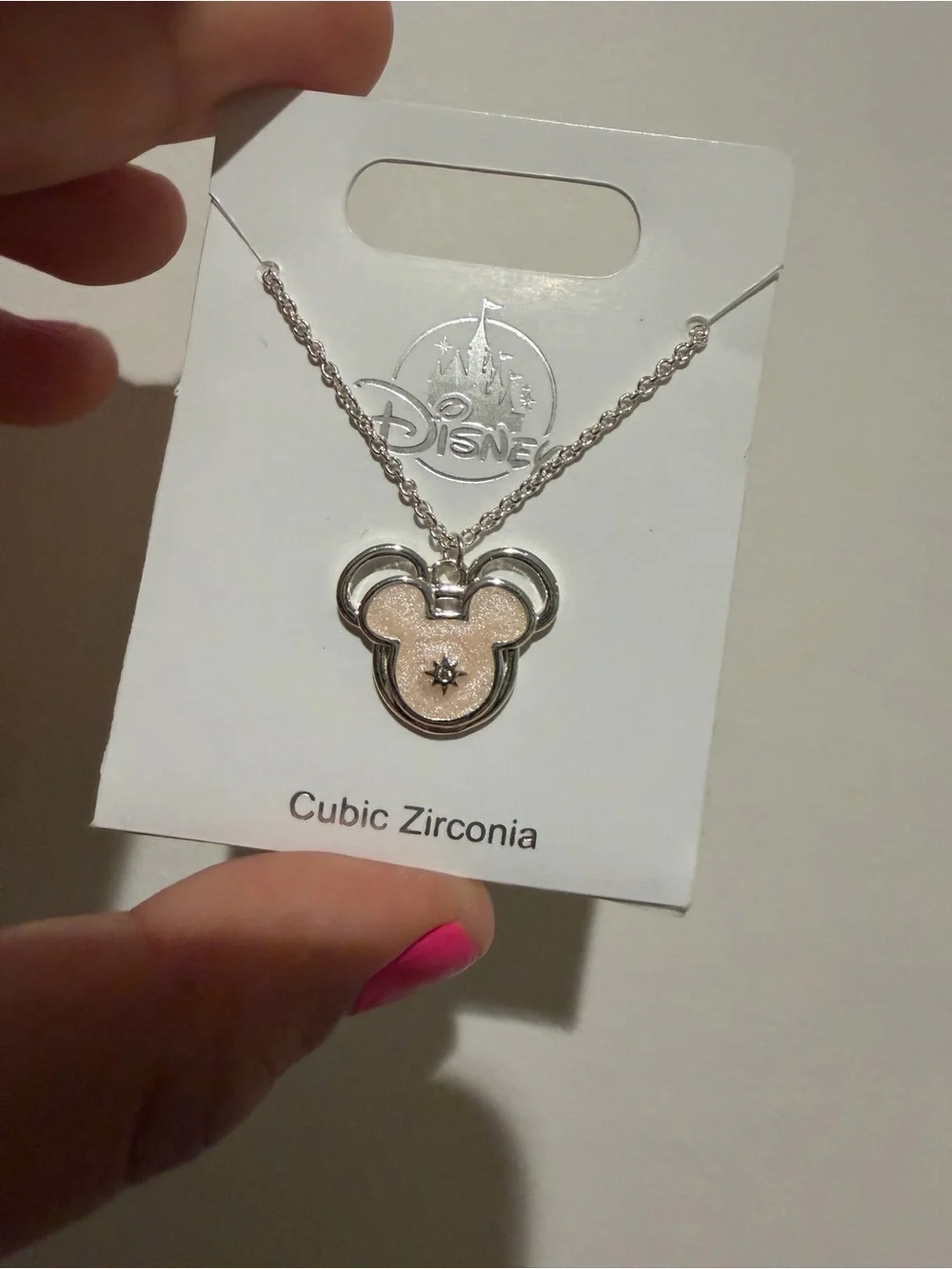 Disney Silver-Tone Mickey Pendant Necklace with Pink Center